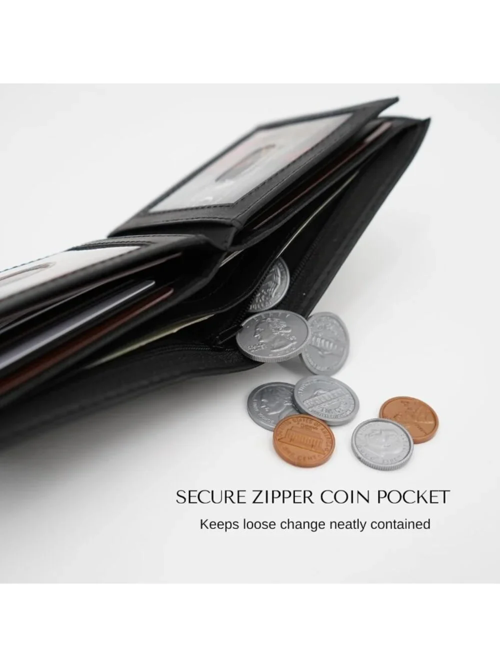 Stylish Black Bifold Leather Wallet for Men, 3 ID Windows & Zipper Pocket